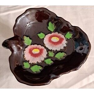 Vintage Made in Occupied Japan Brown Ceramic Serving Trinket Dish Floral Design